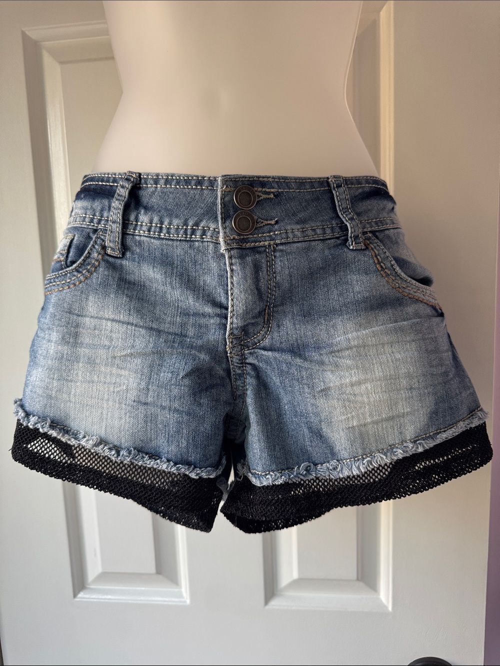 Hot Kiss Denim Shorts with Black Mesh/Frayed Hem